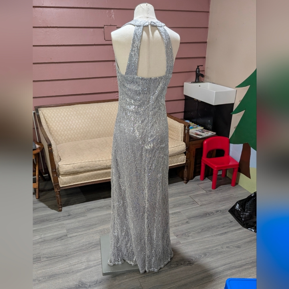 Silver Lace and Sequin Column Gown - Picture 2 of 4